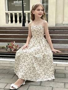 SHEIN 少女优雅度假杏色碎花连衣裙 - 杏色 - 查看 6