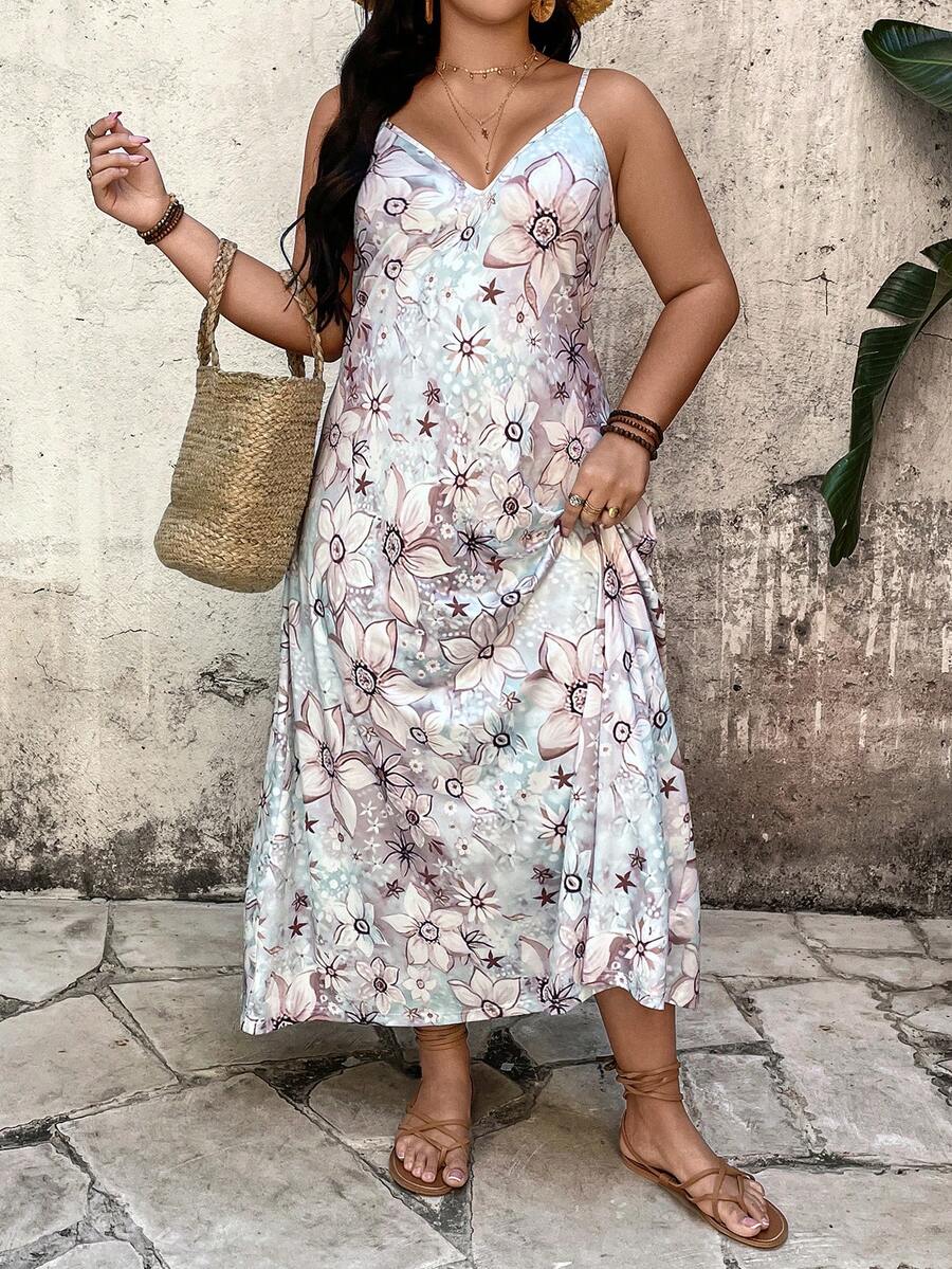 EMERY ROSE 大码印花休闲度假吊带裙 - 淺藍色 - 查看 1