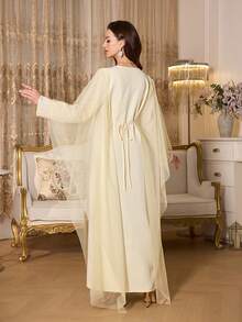 Elenzga Vestido de estilo árabe del Medio Oriente con textura de parches de malla en color amarillo mostaza para mujer - Amarillo - Ver 2