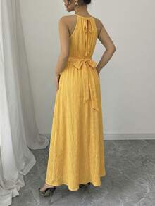 Elenzga Women's Solid Color Spaghetti Strap Cinched Waist A-Line Dress,Textured Fabric,Knee-Length,Yellow,Summer,Tropical,Garden Party,Vacation,Simple Design - Yellow - View 2