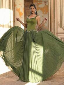 Glamrae Elegant Grayish Green Satin Chiffon Patchwork Pleated Hem Dress,Fashionable Minimalist Formal Gown For Birthday Parties,Weddings & Vacations - Green - View 11