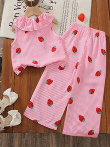 SHEIN 2pcs Young Girl SweetCute Princess Strawberry Print Sleeveless TopPants Set,Light Pink Summer Family Matching Striped 3D Embroidery Ruffle Collar - Pink - View 3