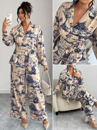 Elenzga Plus Size Full Print Wrap Long Sleeve Top And Elegant Pants Two Pieces Set