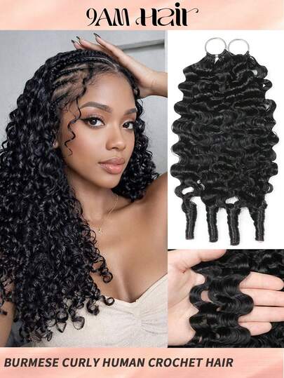 Boho Braids Burmese Curly Human Hair Crochet 100% Human Hair 60g 18inch Extension For Salon Silky Water Curly 3c4a Hair Lightweight Reusable Virgin Hair Extensions For Women Natural Black Premium Quality Human Hair Extension For Long‑Term Wear And Styling