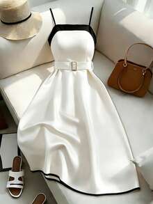 Franclia Women's Spring/Summer Black And White Color-Blocked Midi Dress, Strappy Dress, Women's Color-Blocked Dress, Women's Slimming And Flattering Tie-Waist Dress, Women's Black Dress, Women's White Dress, Women's Summer Dress, Women's Valentine's Day Dress, Women's Beach Dress, Women's Elegant Dress, Women's Pullover Dress, Women's Strapless Dress, Women's Vacation Dress, Women's Casual Long Dress Ivory Dress White Strapless Dress White Dress Midi Classy White Dress Bustier Dress - Black and White - View 1