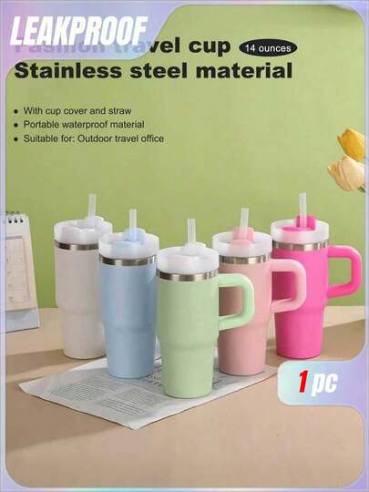 1 Piece Of 14oz Solid Color Simple Atmosphere Stainless Steel Cup, Tumblers, Water Cup With Cover, Straw, Simple Fashion Travel Cup - Stainless Steel Vacuum Cold Water Cup, Portable Leakproof Cup, Friends And Family Gift Cup, Outdoor Drinking Equipment, Fitness, Travel, Home, Office. Water Bottle