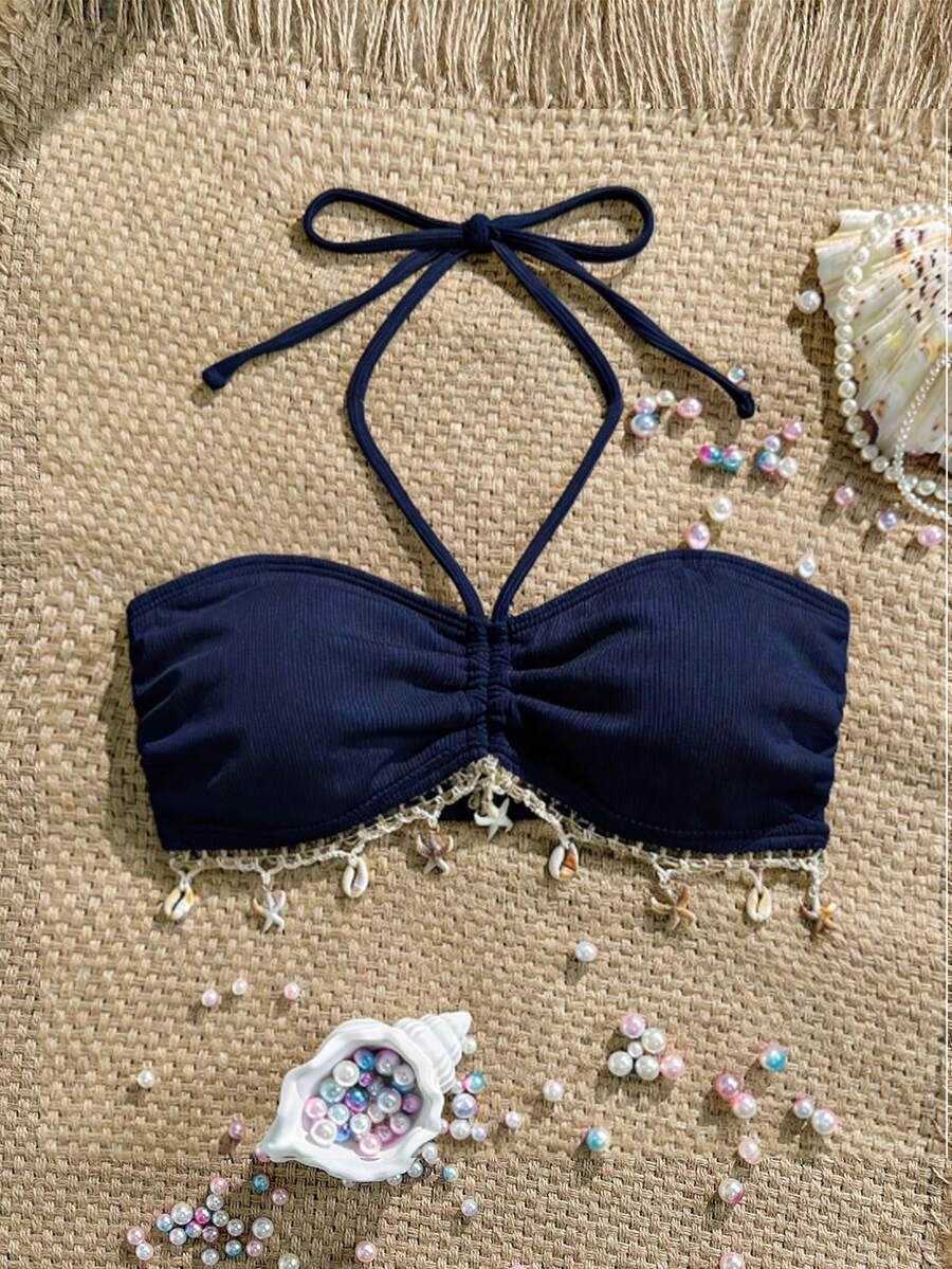 Swim Vcay 女士吊带泳衣上衣,性感胸部设计,罗纹面料搭配海洋元素流苏装饰,休闲舒适,适合度假和海滩穿着 - 藏蓝色 - 查看 1