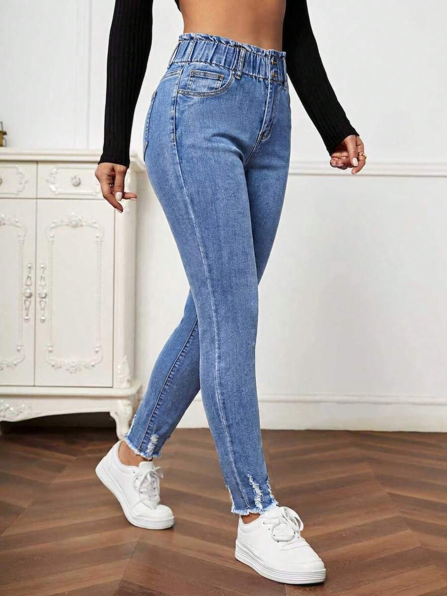 SHEIN LUNE Mid-Rise Paper Bag Waist Casual Everyday Jeans - Medium Wash - View 1