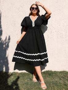 Juhart 大码女式梭织常规早春休闲舒适通勤深V短袖拼接白色蕾丝收腰长款黑色连衣裙 - 黑色 - 查看 1