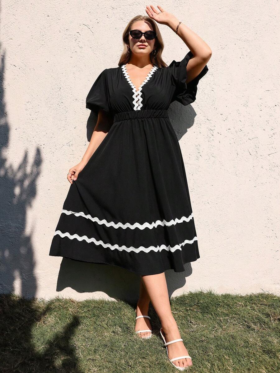 Juhart 大码女式梭织常规早春休闲舒适通勤深V短袖拼接白色蕾丝收腰长款黑色连衣裙 - 黑色 - 查看 1