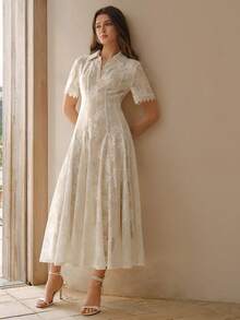 MOTF PREMIUM SUMMER UNIQUE LUXURY LACE CINCHED WAIST FLARED WOMEN DRESS - Apricot - View 5