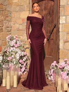 Glamrae Elegant Luxurious Pearl & Rhinestone Mesh Splice Ruched Fishtail Dress, Suitable For Weddings, Parties, Vacations, Galas, Evening Formal Occasions - Burgundy - View 6