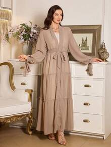 SHEIN Elenzya Women's Solid Color Waist Belt With Faux Pearl Decor Elegant Long Sleeve Blouse - Camel - View 1