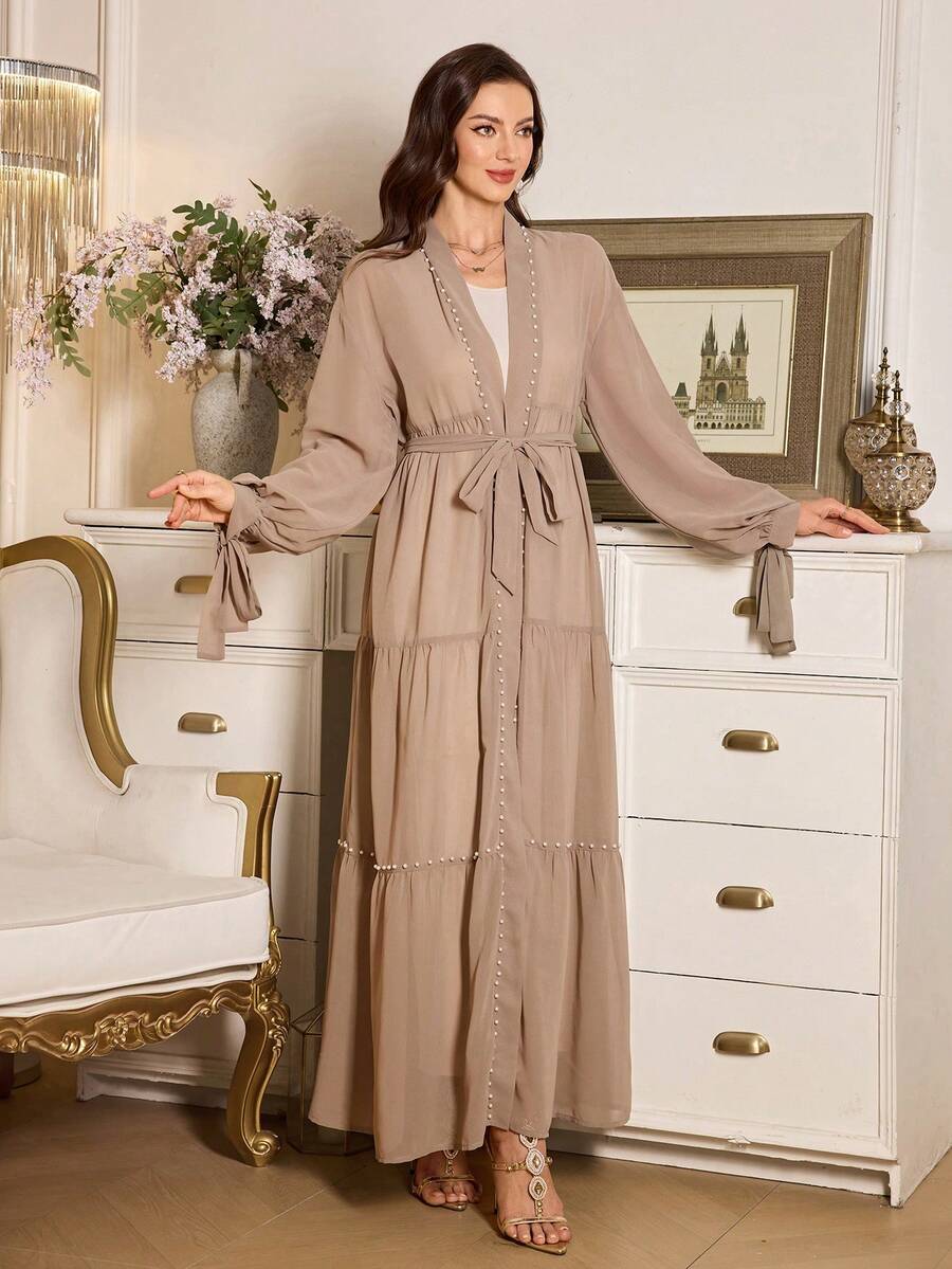 SHEIN Elenzya Women's Solid Color Waist Belt With Faux Pearl Decor Elegant Long Sleeve Blouse - Camel - View 1