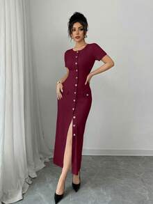 Elenzga Đầm cardigan tay ngắn ôm sát người, kiểu dáng dự tiệc mùa xuân/hè dành cho nữ, phong cách thành thị, sang trọng, thời trang Pháp, ngọt ngào, gợi cảm, thích hợp mặc hàng ngày. Đầm maxi dệt kim cổ tròn cài nút phối màu đen trắng tương phản, thích hợp cho kỳ nghỉ. - Màu Đỏ Sâu - Xem 3
