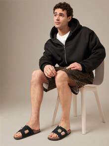 SHUZIA Dép lê nam cao cấp màu đen bằng da giả cao cấp, thiết kế hình sư tử bằng kim loại, đế mềm mại, kiểu dáng cá tính và thoải mái. - màu đen - Xem 5