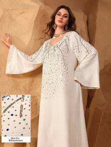 Al Najma Women's Apricot V-Neck Rhinestone Embellished Loose Fit Casual Dress - Apricot - View 2