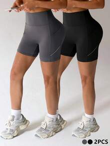 Velisys Bộ 2 quần short thể thao nữ, màu đen và xám, cạp thường, túi bên hông, sọc phản quang, thích hợp cho mặc hàng ngày, chạy bộ, yoga, tập gym, đạp xe, tennis, golf. - Nhiều màu - Xem 2