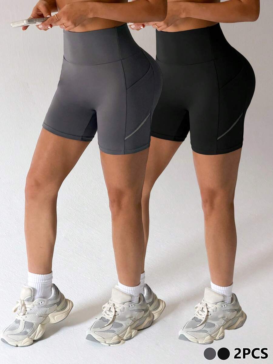 Velisys 女士运动短裤两件套，黑灰配色，常规腰围，侧边口袋，反光条，适合日常休闲、跑步、瑜伽、健身、骑行、网球、高尔夫等运动。 - 彩色 - 查看 1