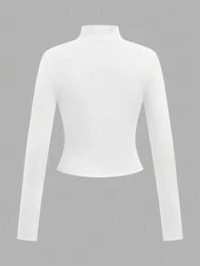 SHEIN EZwear 秋季新款 2件組高彈力羅紋針織拉鍊長袖女款T恤，白色與黑色，適合日常通勤、聚會、秋冬夏季、聖誕節、新年、感恩節、派對、婚禮、海灘、畢業、優雅、外出、約會、通勤、情人節、優雅、度假 - 彩色 - 查看 4