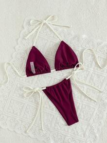 Swim Mod 2pcs/Set New Sexy Backless Halter Tie Solid Color Women Swimwear Set, Summer - Purple - View 2