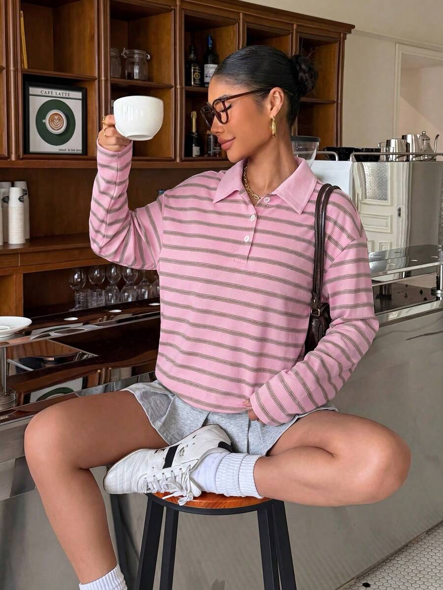 Muchica 粉色条纹针织休闲女式长袖T恤 - 粉色 - 查看 1