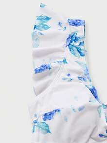 Swim Oasis Plus Size White Ditsy Floral One-Piece Swimsuit With Chiffon Skirt,Boho Flowy Summer Vacation Holiday Tummy Control French Elegant Bathing Suit Sets - Blue and White - View 5