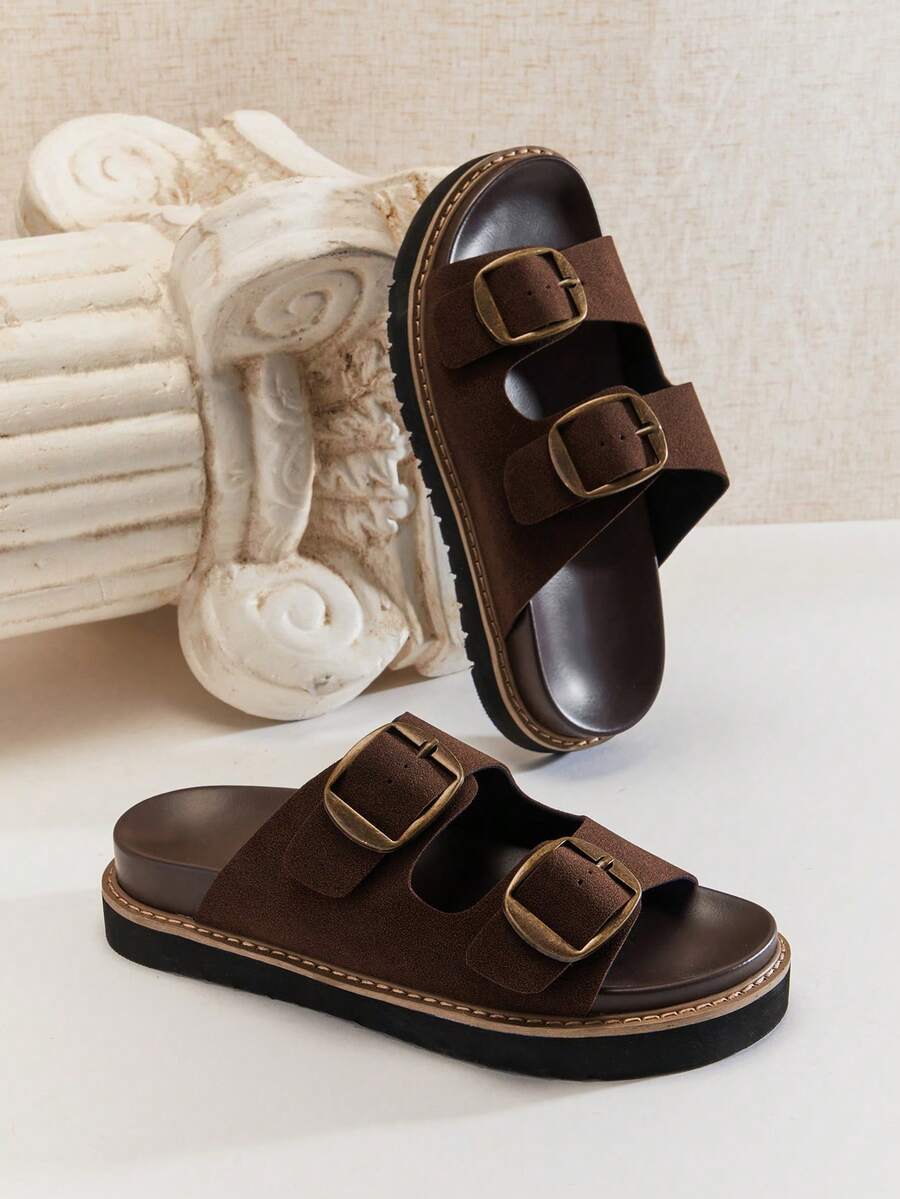 SHUZIA Women's Comfort Minimalist Buckled Double Band Flat Slip-On Sandals - Chocolate Brown - View 1