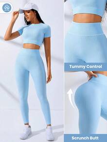 Gameset SHEIN Sport 纯色无缝高弹力短款T恤和紧身裤女士健身套装女士紧身裤套装健身房女士服装 - 淺藍色 - 查看 2