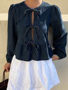 DAZY 女士灯笼袖前系带荷叶边下摆牛仔外套 - 藍色 - 查看 3