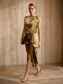 MOTF PREMIUM Đầm satin không tay bất đối xứng, thanh lịch, thích hợp cho tiệc tùng, phong cách cổ điển, mùa xuân/hè. - Màu xanh Ô liu - Xem 8