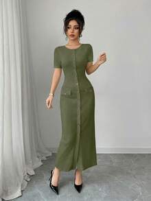 Elenzga Đầm cardigan tay ngắn ôm sát người, kiểu dáng dự tiệc mùa xuân/hè dành cho nữ, phong cách thành thị, sang trọng, thời trang Pháp, ngọt ngào, gợi cảm, thích hợp mặc hàng ngày. Đầm maxi dệt kim cổ tròn cài nút phối màu đen trắng tương phản, thích hợp cho kỳ nghỉ. - xanh quân đội - Xem 4