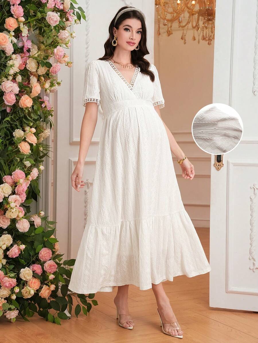 SHEIN 女士夏季度假几何纹理V领泡泡袖蕾丝边连衣裙，优雅孕妇装 - 白色 - 查看 1