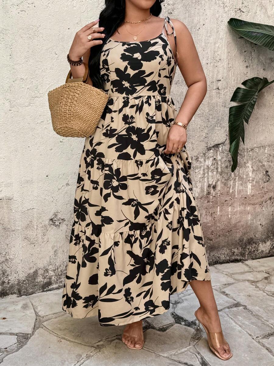 Breezaya 女士卡其色和黑色碎花吊带露背连衣裙，层叠飘逸裙摆，适合度假/与朋友野餐、夏季海滩约会。 - 彩色 - 查看 1