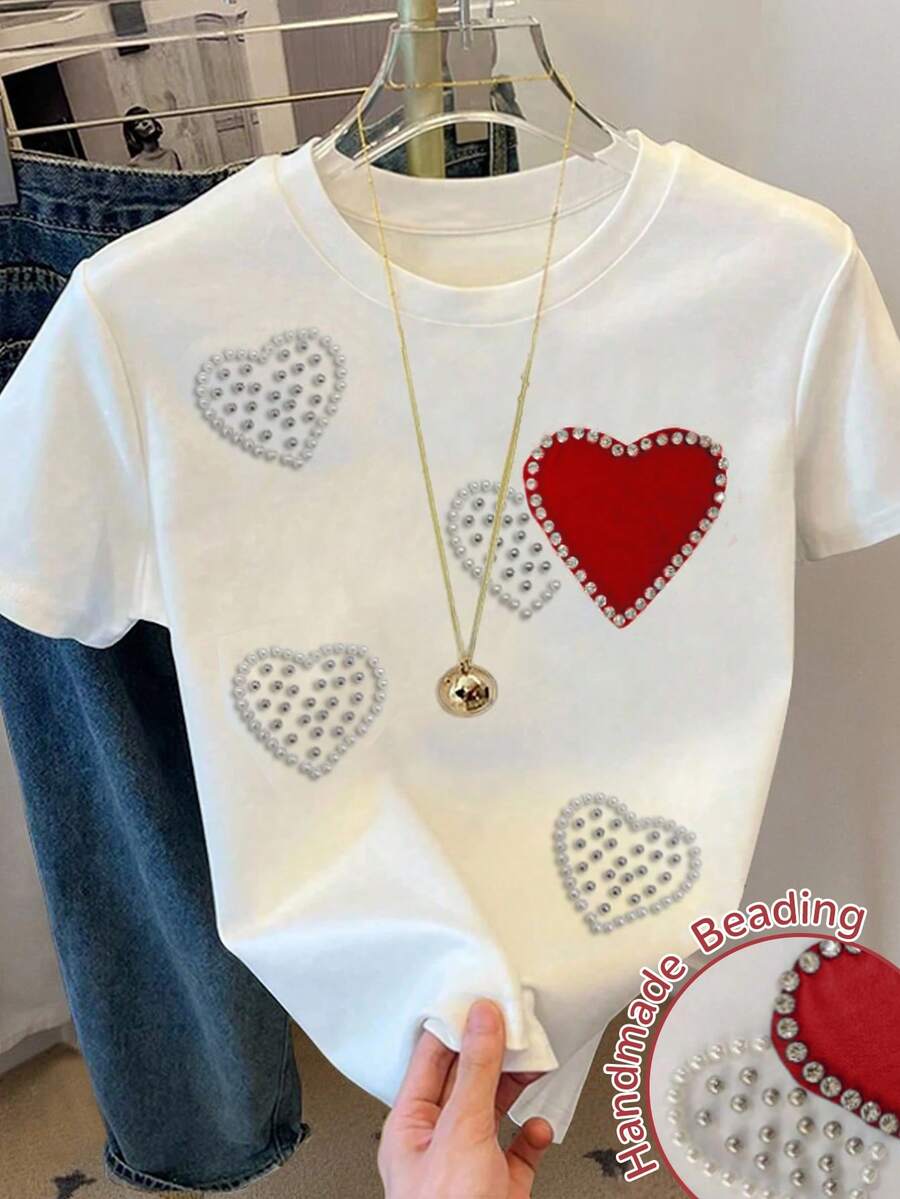 Resyla Camiseta de manga corta con cuello redondo, estampado de corazón de diamante de imitación, estilo casual de verano para tallas grandes - Blanco - Ver 1