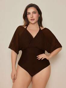 Swim Basics 2026 New Elegant Plus Size One-Piece Swimsuit For Beach Vacation, Slimming Chic Plus Size One-Piece Swimwear, Brown - Brown - View 4
