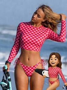 Swim SPRTY 2 piezas Conjunto de chaleco de manga larga con estampado de cuadros para mujer, atuendo para vacaciones en la playa, primavera/verano - Rosa - Ver 1