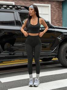 SHEIN Dewbera Seamless Knit Leopard Print Racerback Women Sports Set - Grey - View 4