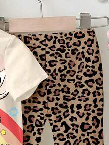 1 Set Baby Girls Lovely Rabbit Ear Leopard Print Heart Graphic Crew Neck Short Sleeve T-Shirt And Knitted Bell-Bottom Pants Cute Outfit - Multicolor - View 5