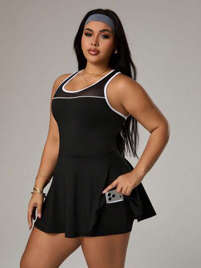 Rhythm Era Plus Size Women's Sporty Dress With Contrast Panels & Mesh Shorts, Suitable For Daily Casual Wear, Running, Yoga, Gym, Tennis, Golf, Spring/Summer