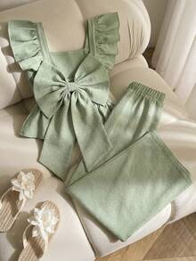 SHEIN 少女薄荷绿纹理面料蝴蝶结后背荷叶边衬衫和裤子两件套 - 薄荷綠 - 查看 4