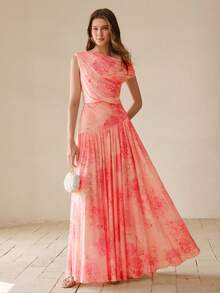 MOTF PREMIUM VESTIDO FEMININO COM ESTAMPA FLORAL E CINTURA ASSIMÉTRICA EM TULE - Rosa - Ver 1