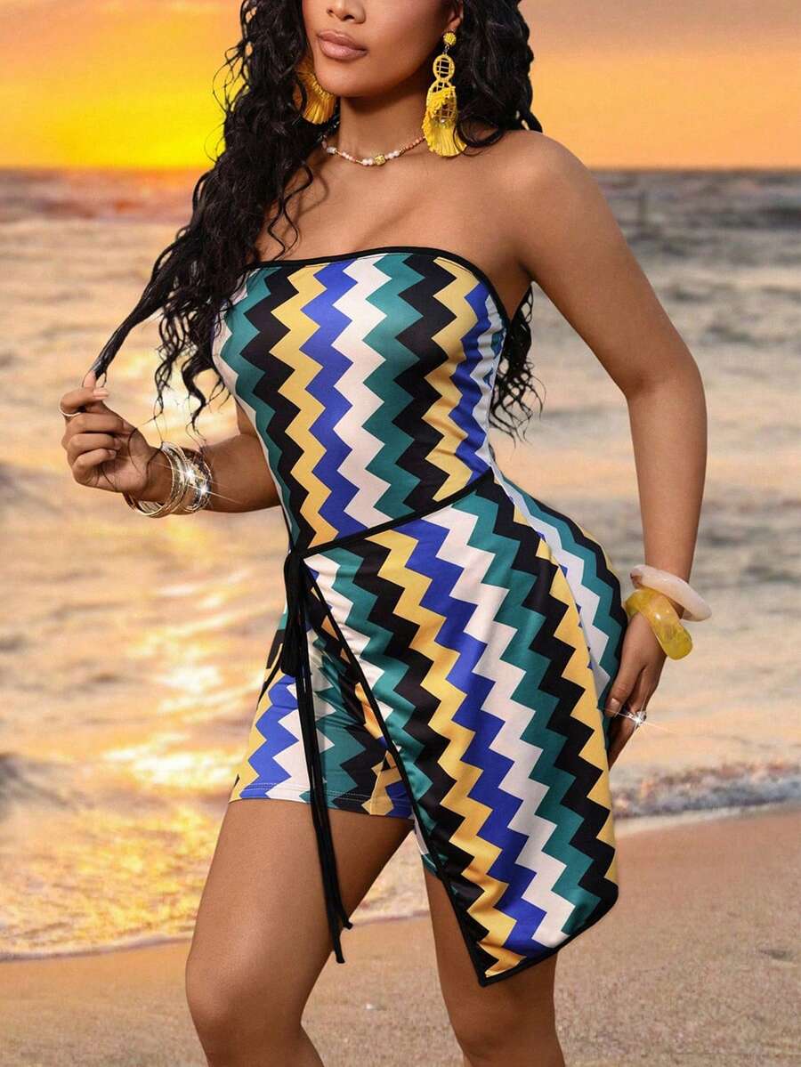 Lureya Women's Fashion Strapless Sexy Knitted Fabric Dopamine Holographic Print 2 In 1 Jumpsuit, Elegant Sexy For Daily Outing, Vacation, Party, Banquet, Spring/Summer - Multicolor - View 1