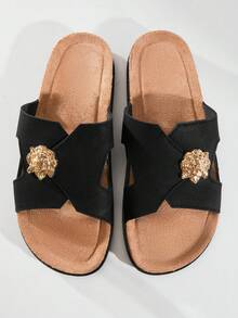 SHUZIA Dép lê nam cao cấp màu đen bằng da giả cao cấp, thiết kế hình sư tử bằng kim loại, đế mềm mại, kiểu dáng cá tính và thoải mái. - màu đen - Xem 7