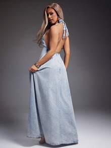 Denimoi 女士休闲水洗露背吊带牛仔连衣裙，夏季 - 淺藍色 - 查看 2