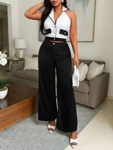 Vavine Conjunto elegante de negocios casuales para mujer, con top de chaleco ajustado con decoración de tweed, solapa y botones metálicos sexy, y pantalones rectos a rayas de cintura larga y casual, conjunto de 2 piezas - Blanco y Negro - Ver 4