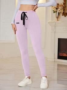 Modelyn 女士字母印花抽绳腰紧身打底裤，舒适有弹性 - 淡紫色 - 查看 5
