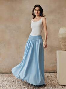 Anewsta Women's Blue And White Summer Vacation Outfit,Elegant Minimalist Knit Camisole Splicing Woven Flared Casual Dress,Baby Blue Long Dress - Blue - View 1