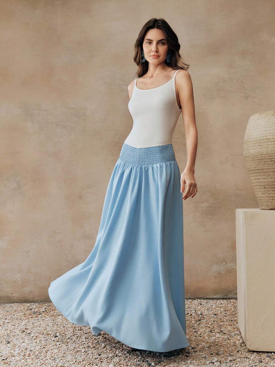 Anewsta Women's Blue And White Summer Vacation Outfit,Elegant Minimalist Knit Camisole Splicing Woven Flared Casual Dress,Baby Blue Long Dress - Blue - View 1
