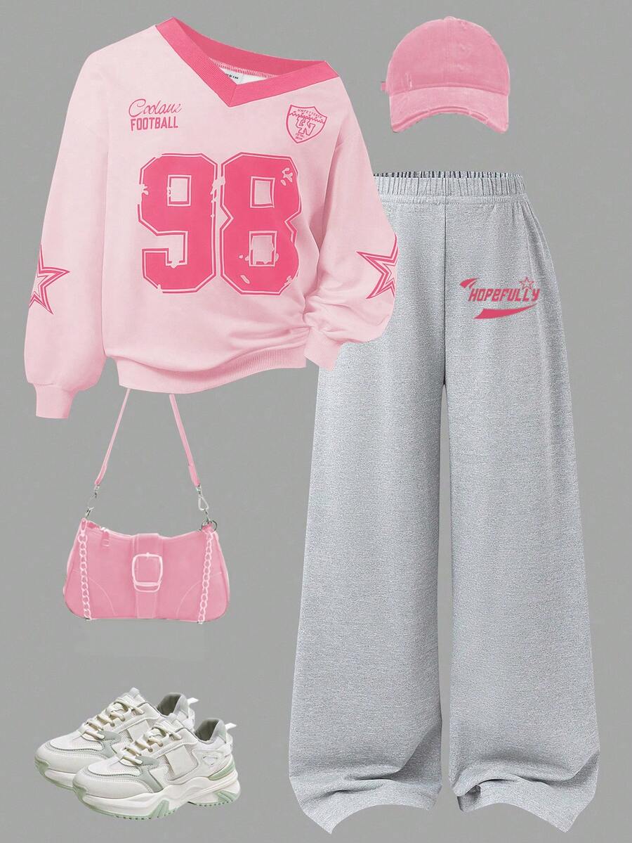 Sparklyn 2 件套女孩休闲时尚街头风格数字和英文字母星星图案 V 领宽松长袖上衣和阔腿运动裤运动套装，日常穿着 - 彩色 - 查看 1